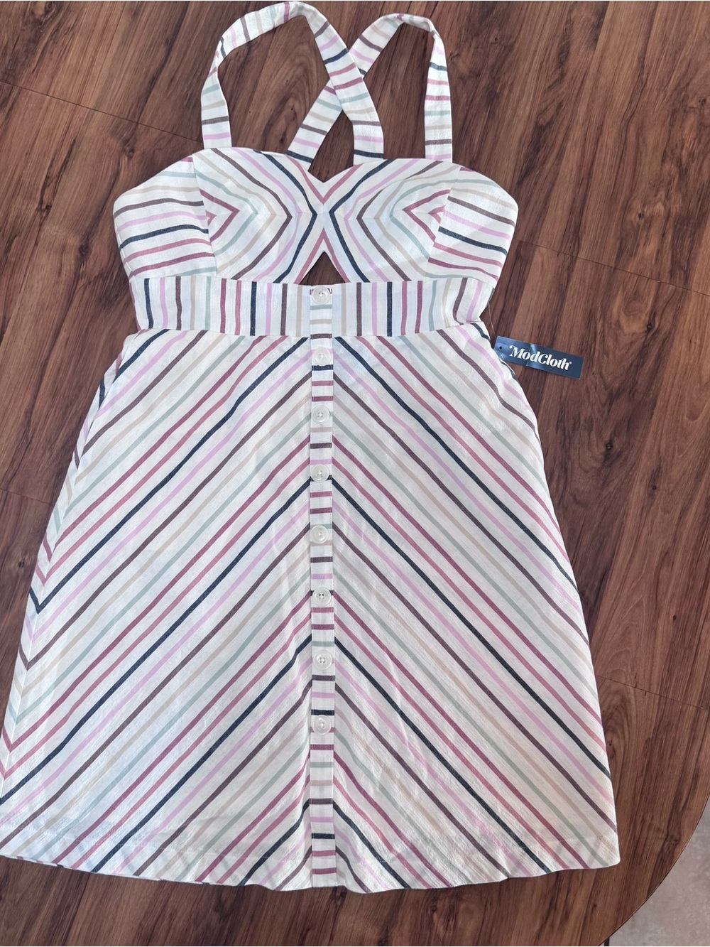 Modcloth Sunset Cruise Cotton White Multicolored Stripes Dress Keyhole Bust